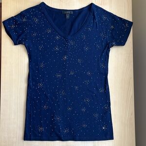 J. Crew Rhinestones V Neck Women's T Shirt Navy Blue, Size XXS